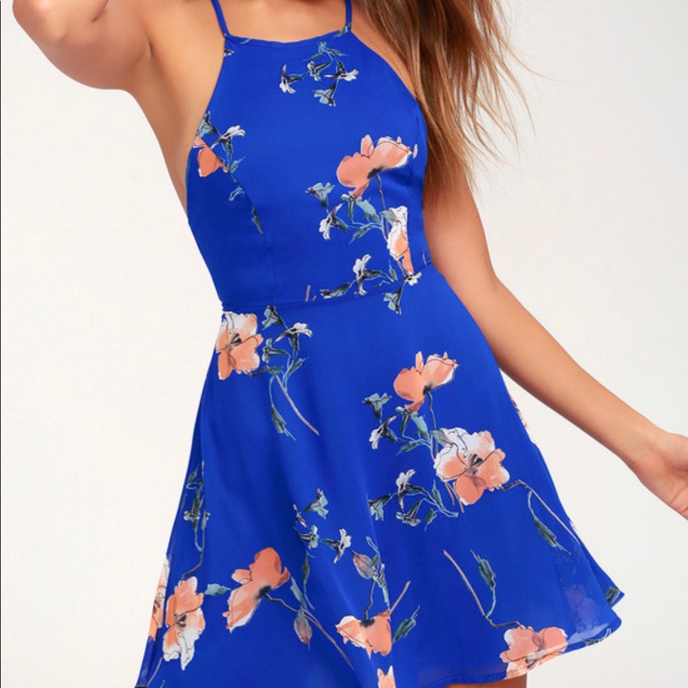 Fun and flirty blue floral skater dress from Lulu’s. In perfect condition!